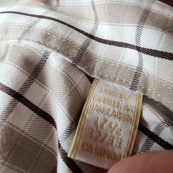 Michael Michael Kors Button Front Dress Shirt Plaid Tan Black White Size 17 1/2 - Picture 3 of 12